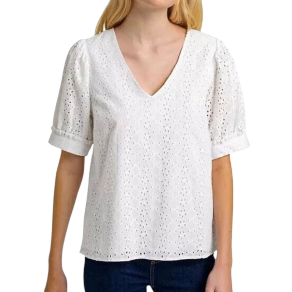 Draper James Heidi Puff Sleeve White Eyelet V Neck Blouse Size XL